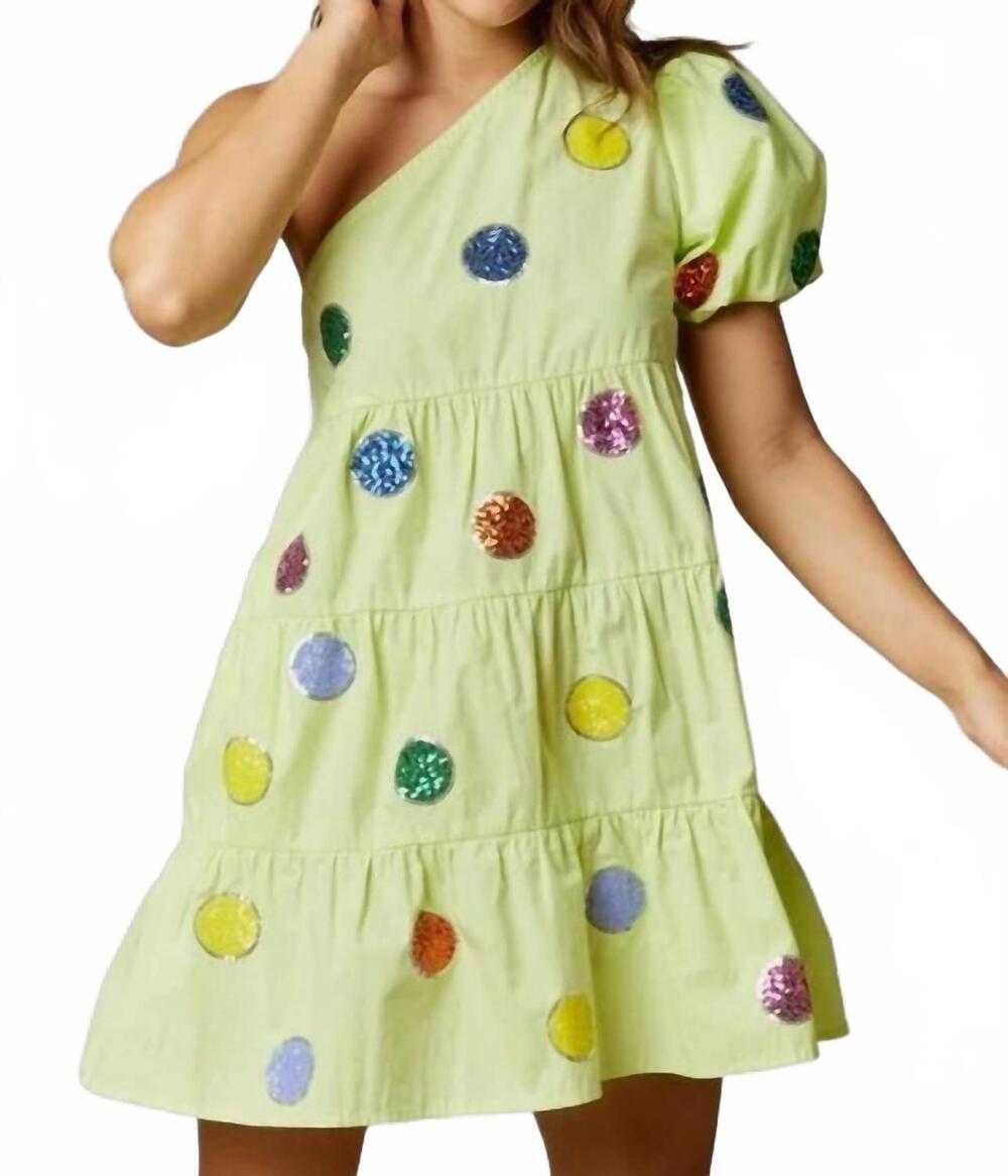 NEW FANTASTIC FAWN sequin polka dot applique one shoulder mini dress in lime gre